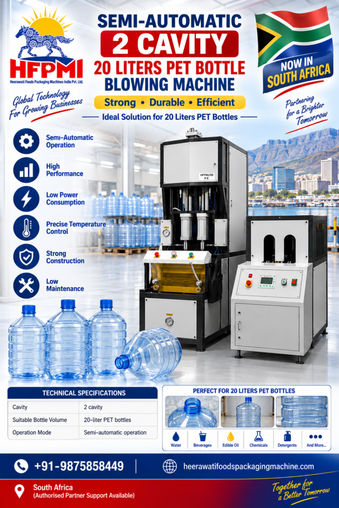 Semi Automatic 2 Cavity PET Blowing Machine Manufacturer in India for South Africa